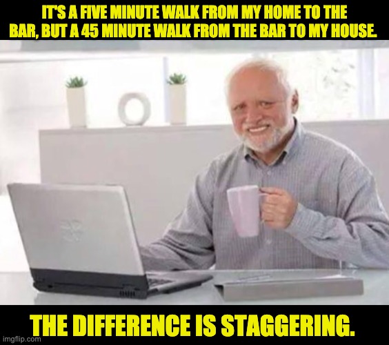 Time warp | IT'S A FIVE MINUTE WALK FROM MY HOME TO THE BAR, BUT A 45 MINUTE WALK FROM THE BAR TO MY HOUSE. THE DIFFERENCE IS STAGGERING. | image tagged in harold | made w/ Imgflip meme maker