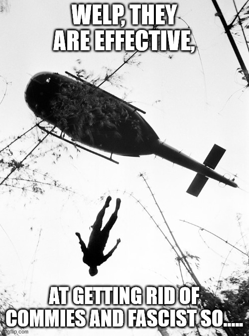 throwing leftists out of helicopters | WELP, THEY ARE EFFECTIVE, AT GETTING RID OF COMMIES AND FASCIST SO..... | image tagged in throwing leftists out of helicopters | made w/ Imgflip meme maker