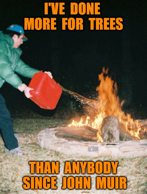 Whaaat... | I'VE  DONE  MORE  FOR  TREES; THAN  ANYBODY  SINCE  JOHN  MUIR | image tagged in guy pouring gasoline into fire,riots,minneapolis | made w/ Imgflip meme maker