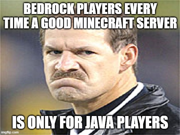 Frowny Cowher | BEDROCK PLAYERS EVERY TIME A GOOD MINECRAFT SERVER; IS ONLY FOR JAVA PLAYERS | image tagged in frowny cowher | made w/ Imgflip meme maker