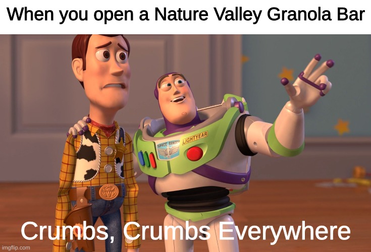 Granola Bars | When you open a Nature Valley Granola Bar; Crumbs, Crumbs Everywhere | image tagged in memes,x x everywhere | made w/ Imgflip meme maker
