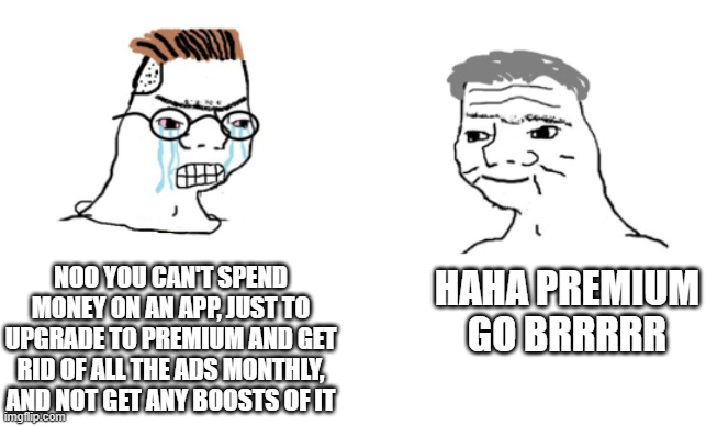Why spend money on apps for nothing you don't get extra access to |  NOO YOU CAN'T SPEND MONEY ON AN APP, JUST TO UPGRADE TO PREMIUM AND GET RID OF ALL THE ADS MONTHLY, AND NOT GET ANY BOOSTS OF IT; HAHA PREMIUM GO BRRRRR | image tagged in haha brrrrrrr,memes | made w/ Imgflip meme maker