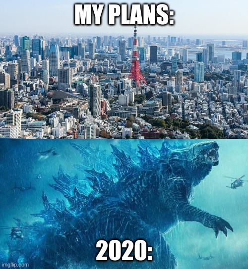 MY PLANS:; 2020: | image tagged in 2020,godzilla | made w/ Imgflip meme maker