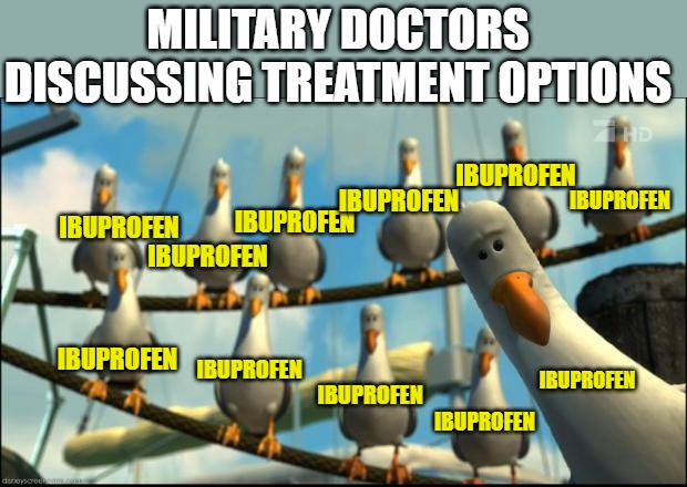 Military docs ibuprofen |  MILITARY DOCTORS DISCUSSING TREATMENT OPTIONS; IBUPROFEN; IBUPROFEN; IBUPROFEN; IBUPROFEN; IBUPROFEN; IBUPROFEN; IBUPROFEN; IBUPROFEN; IBUPROFEN; IBUPROFEN; IBUPROFEN | image tagged in nemo seagulls mine,military,ibuprofen | made w/ Imgflip meme maker