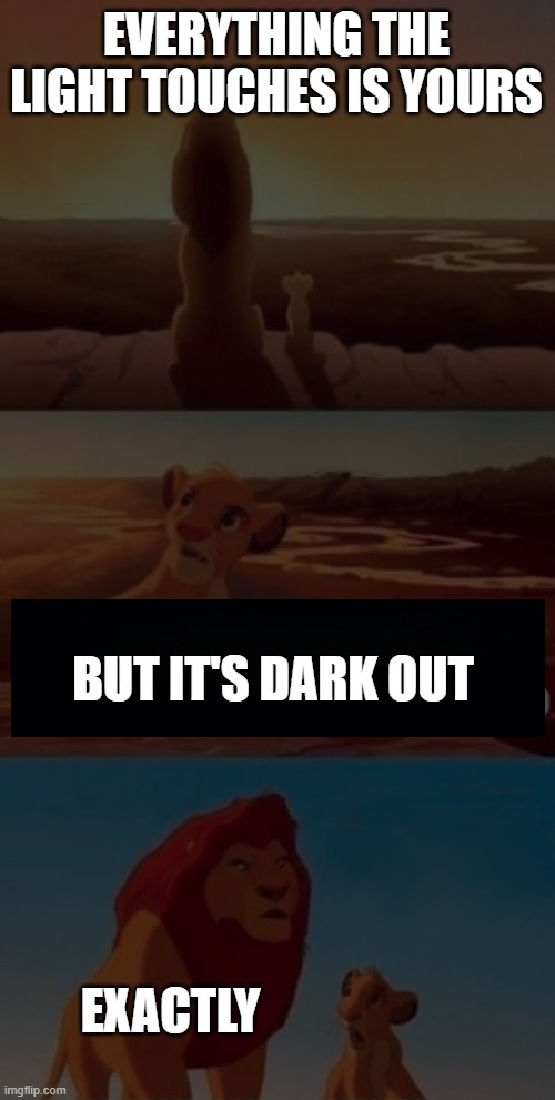 darkness | EVERYTHING THE LIGHT TOUCHES IS YOURS; BUT IT'S DARK OUT; EXACTLY | image tagged in dark,funny memes | made w/ Imgflip meme maker