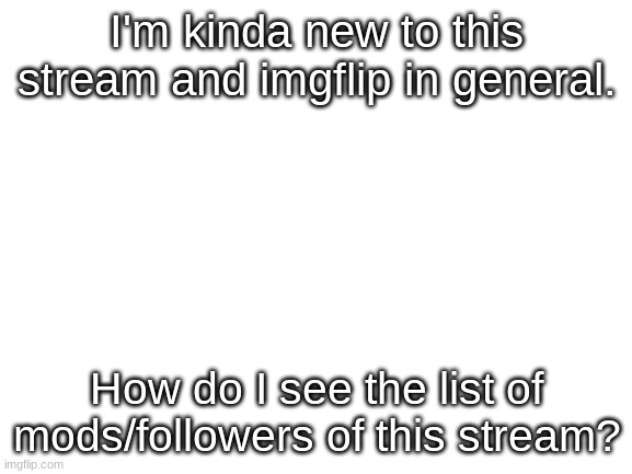 How? | I'm kinda new to this stream and imgflip in general. How do I see the list of mods/followers of this stream? | image tagged in blank white template | made w/ Imgflip meme maker