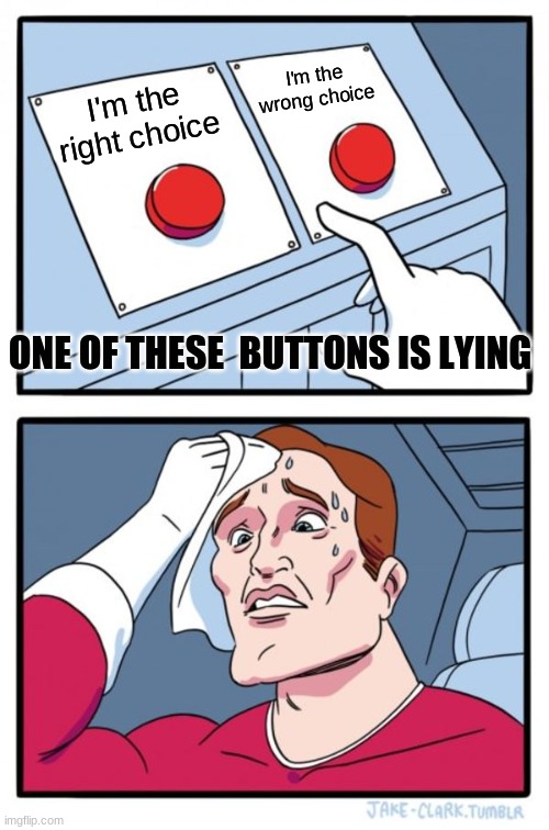 Two Buttons Meme | I'm the wrong choice; I'm the right choice; ONE OF THESE  BUTTONS IS LYING | image tagged in memes,two buttons | made w/ Imgflip meme maker