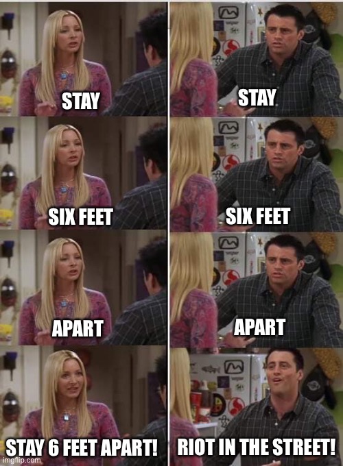 Friends Joey teached french | STAY; STAY; SIX FEET; SIX FEET; APART; APART; RIOT IN THE STREET! STAY 6 FEET APART! | image tagged in friends joey teached french | made w/ Imgflip meme maker