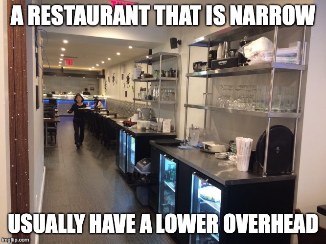 Narrow Restaurant | A RESTAURANT THAT IS NARROW; USUALLY HAVE A LOWER OVERHEAD | image tagged in restaurant,memes | made w/ Imgflip meme maker