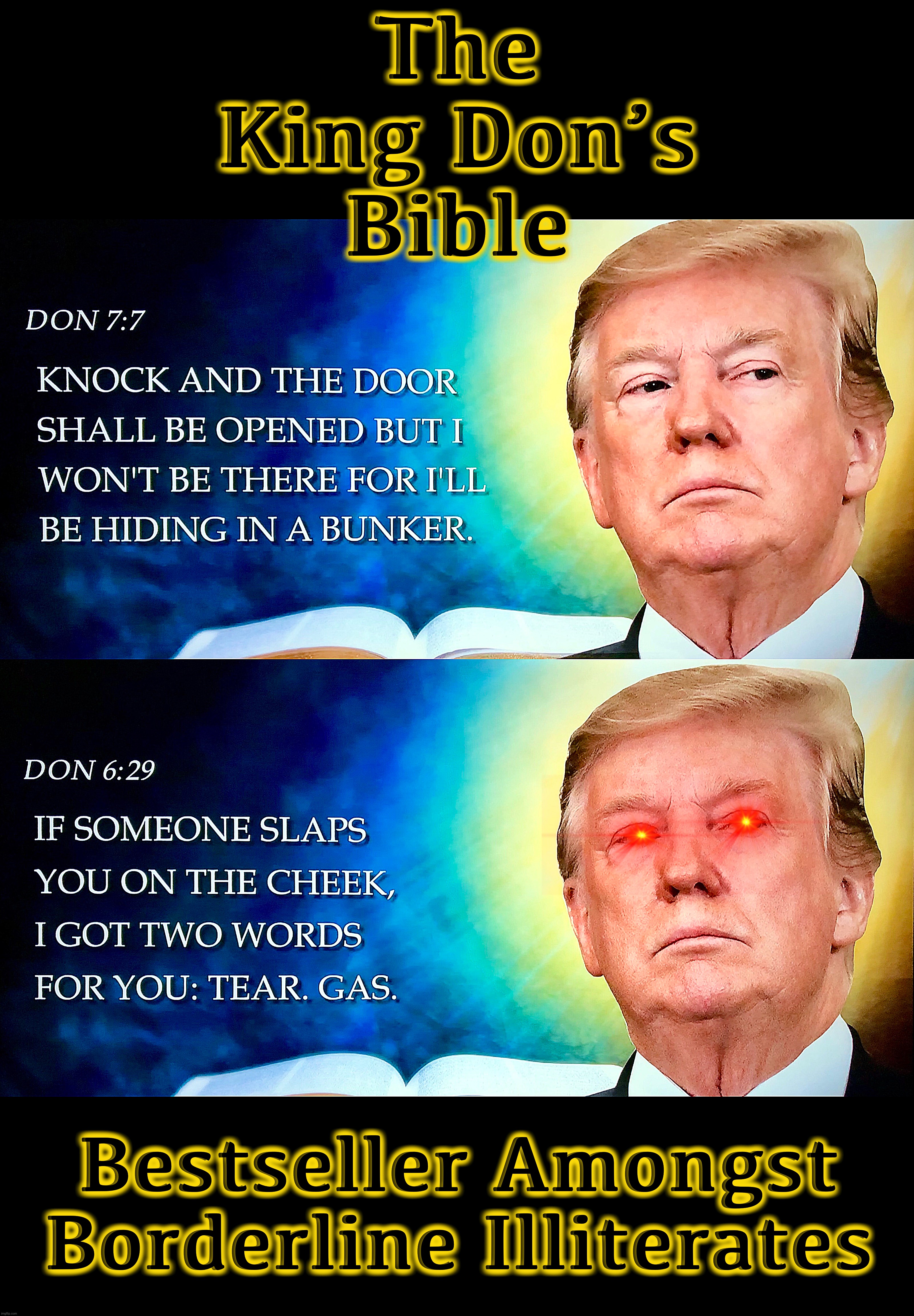 Don’t worry - it’s just a prop | The
King Don’s
Bible; Bestseller Amongst
Borderline Illiterates | image tagged in donald trump,memes,captain trumps,book of idiots,george floyd,fascism | made w/ Imgflip meme maker