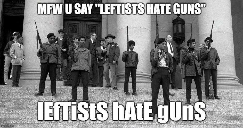 Black Panther Party with guns | MFW U SAY "LEFTISTS HATE GUNS"; lEfTiStS hAtE gUnS | image tagged in black panther party with guns | made w/ Imgflip meme maker