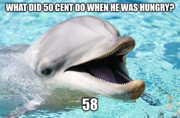 Dumb Joke Dolphin | WHAT DID 50 CENT DO WHEN HE WAS HUNGRY? 58 | image tagged in dumb joke dolphin | made w/ Imgflip meme maker