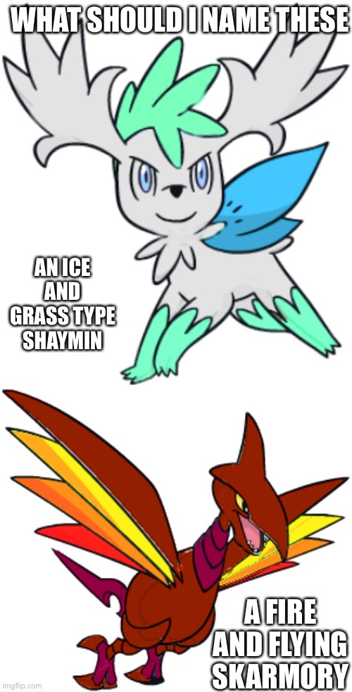 Hehehehehehhehe | WHAT SHOULD I NAME THESE; AN ICE AND GRASS TYPE SHAYMIN; A FIRE AND FLYING SKARMORY | image tagged in melon,pokemon,ocs | made w/ Imgflip meme maker