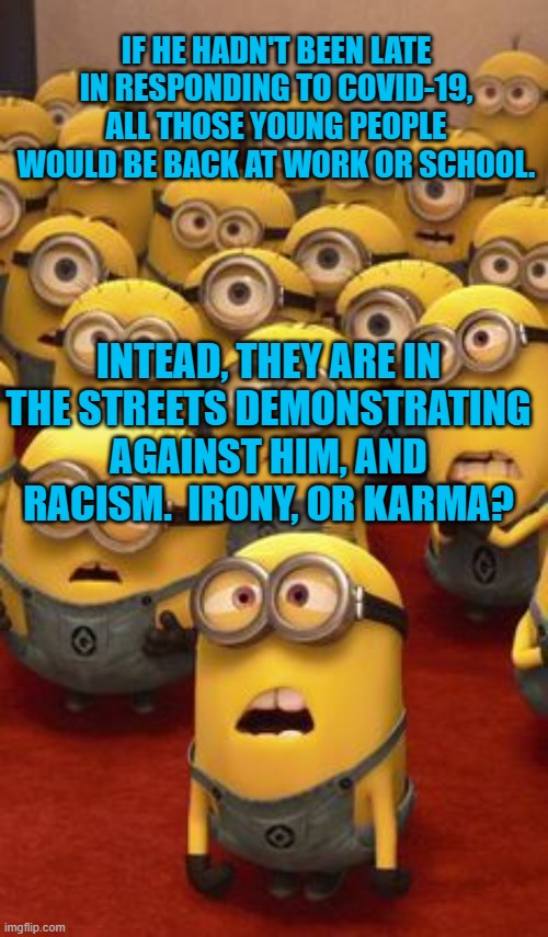 Failure Begets Failure | IF HE HADN'T BEEN LATE IN RESPONDING TO COVID-19, ALL THOSE YOUNG PEOPLE WOULD BE BACK AT WORK OR SCHOOL. INTEAD, THEY ARE IN THE STREETS DEMONSTRATING AGAINST HIM, AND RACISM.  IRONY, OR KARMA? | image tagged in politics | made w/ Imgflip meme maker