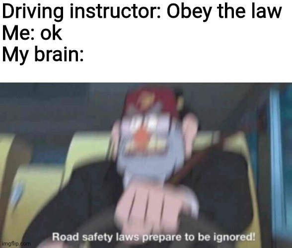 Road safety laws prepare to be ignored! | Driving instructor: Obey the law
Me: ok
My brain: | image tagged in road safety laws prepare to be ignored,driving,brain,memes | made w/ Imgflip meme maker