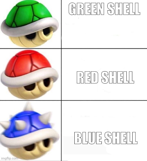 mario kart shells | GREEN SHELL; RED SHELL; BLUE SHELL | image tagged in mario kart shells | made w/ Imgflip meme maker