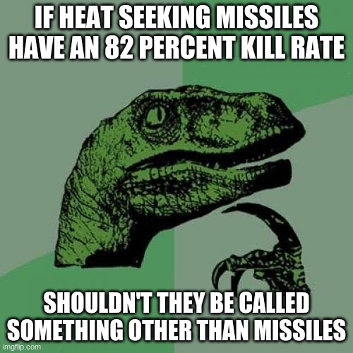 think about it | IF HEAT SEEKING MISSILES HAVE AN 82 PERCENT KILL RATE; SHOULDN'T THEY BE CALLED SOMETHING OTHER THAN MISSILES | image tagged in memes,philosoraptor | made w/ Imgflip meme maker