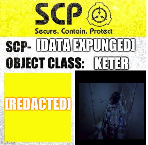 SCP-XXXX | [DATA EXPUNGED]; KETER; [REDACTED] | image tagged in scp sign generator | made w/ Imgflip meme maker