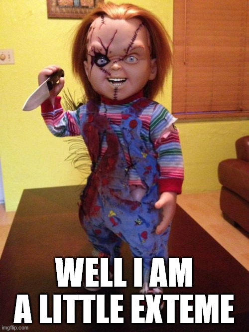 Chucky | WELL I AM A LITTLE EXTEME | image tagged in chucky | made w/ Imgflip meme maker