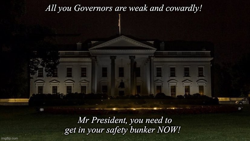 Courage | All you Governors are weak and cowardly! Mr President, you need to get in your safety bunker NOW! | image tagged in white house goes dark 2020 | made w/ Imgflip meme maker
