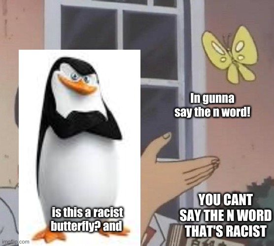 skippers log #32 | In gunna say the n word! YOU CANT SAY THE N WORD THAT'S RACIST; is this a racist butterfly? and | image tagged in memes,is this a pigeon | made w/ Imgflip meme maker