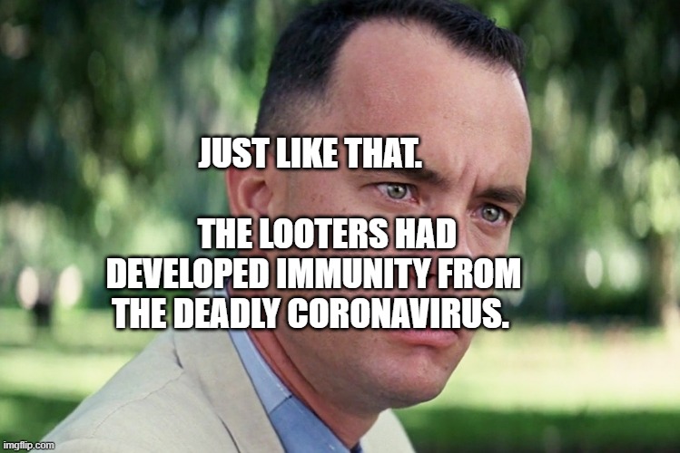 Covidiot looters | JUST LIKE THAT.                           THE LOOTERS HAD DEVELOPED IMMUNITY FROM THE DEADLY CORONAVIRUS. | image tagged in covidiot looters | made w/ Imgflip meme maker