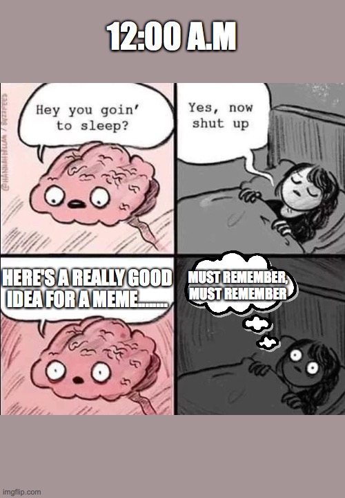 Does this ever happen to you? | 12:00 A.M; MUST REMEMBER, MUST REMEMBER; HERE'S A REALLY GOOD IDEA FOR A MEME........ | image tagged in if you read this tag give me 500 dollars,jk | made w/ Imgflip meme maker