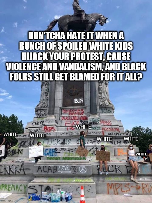 Don't cha hate it when... | DON'TCHA HATE IT WHEN A BUNCH OF SPOILED WHITE KIDS HIJACK YOUR PROTEST, CAUSE VIOLENCE AND VANDALISM, AND BLACK FOLKS STILL GET BLAMED FOR IT ALL? WHITE; WHITE; WHITE; WHITE; WHITE; WHITE | image tagged in white people,protest,blm,riots | made w/ Imgflip meme maker