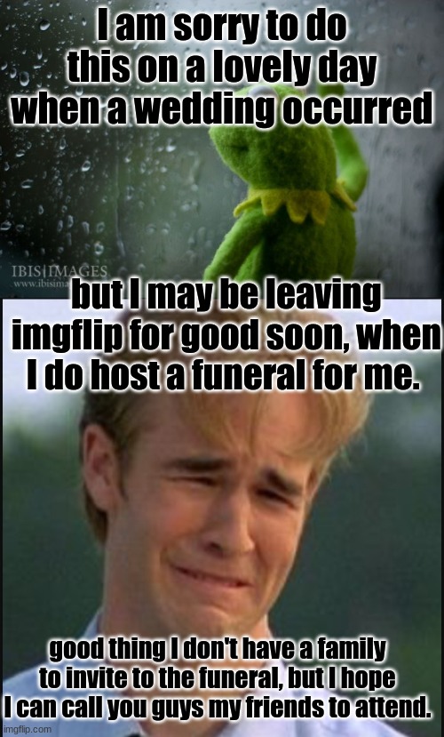 I am sooo sorry | I am sorry to do this on a lovely day when a wedding occurred; but I may be leaving imgflip for good soon, when I do host a funeral for me. good thing I don't have a family to invite to the funeral, but I hope I can call you guys my friends to attend. | image tagged in kermit window,sad man,goodbye | made w/ Imgflip meme maker