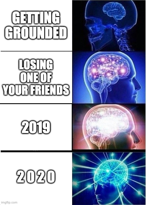 Expanding Brain Meme | GETTING GROUNDED; LOSING ONE OF YOUR FRIENDS; 2019; 2 0 2 0 | image tagged in memes,expanding brain | made w/ Imgflip meme maker