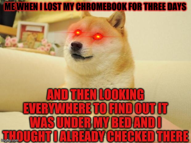 rahhhhhhh!!!! | ME WHEN I LOST MY CHROMEBOOK FOR THREE DAYS; AND THEN LOOKING EVERYWHERE TO FIND OUT IT WAS UNDER MY BED AND I THOUGHT I ALREADY CHECKED THERE | image tagged in memes,doge 2 | made w/ Imgflip meme maker