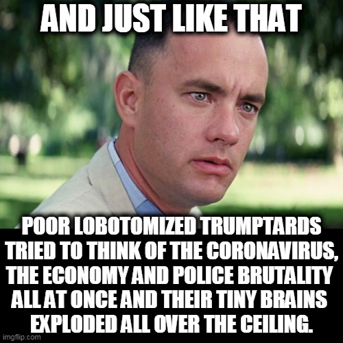The same thing happened to Trump. He couldn't handle it all either. | AND JUST LIKE THAT; POOR LOBOTOMIZED TRUMPTARDS TRIED TO THINK OF THE CORONAVIRUS, THE ECONOMY AND POLICE BRUTALITY 
ALL AT ONCE AND THEIR TINY BRAINS 
EXPLODED ALL OVER THE CEILING. | image tagged in memes,and just like that,trump,coronavirus,economy,police brutality | made w/ Imgflip meme maker