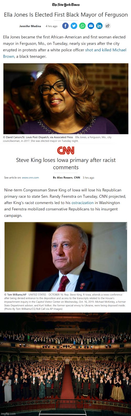 Two bits of good news from today. Change is afoot, people. | image tagged in standing ovation,first black mayor of ferguson,steve king defeated,racism,ferguson,change | made w/ Imgflip meme maker