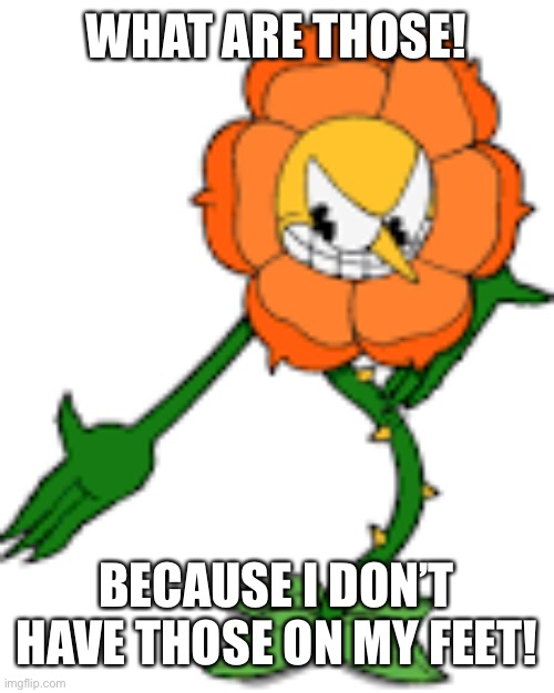 Cagney Carnation | WHAT ARE THOSE! BECAUSE I DON’T HAVE THOSE ON MY FEET! | image tagged in cuphead,what are those | made w/ Imgflip meme maker