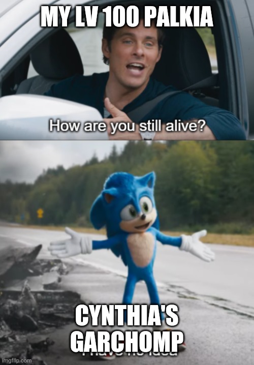 Sonic : How are you still alive | MY LV 100 PALKIA; CYNTHIA'S GARCHOMP | image tagged in sonic  how are you still alive | made w/ Imgflip meme maker