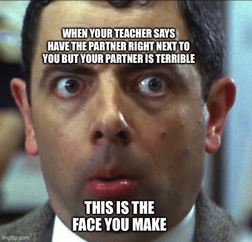 weird face | WHEN YOUR TEACHER SAYS HAVE THE PARTNER RIGHT NEXT TO YOU BUT YOUR PARTNER IS TERRIBLE; THIS IS THE FACE YOU MAKE | image tagged in weird face | made w/ Imgflip meme maker