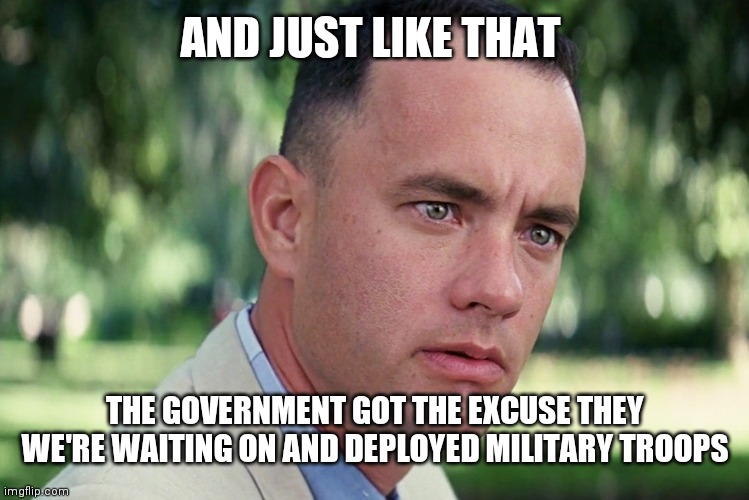 And Just Like That Meme | AND JUST LIKE THAT THE GOVERNMENT GOT THE EXCUSE THEY WE'RE WAITING ON AND DEPLOYED MILITARY TROOPS | image tagged in memes,and just like that | made w/ Imgflip meme maker