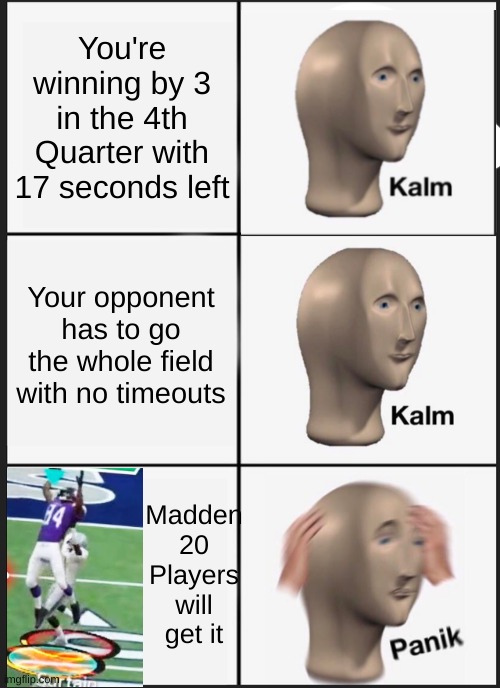 Randy Moss is too OP | You're winning by 3 in the 4th Quarter with 17 seconds left; Your opponent has to go the whole field with no timeouts; Madden 20 Players will get it | image tagged in memes,panik kalm panik | made w/ Imgflip meme maker