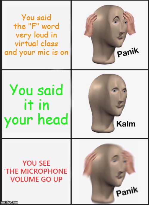 Panik Kalm Panik | You said the "F" word very loud in virtual class and your mic is on; You said it in your head; YOU SEE THE MICROPHONE VOLUME GO UP | image tagged in memes,panik kalm panik | made w/ Imgflip meme maker
