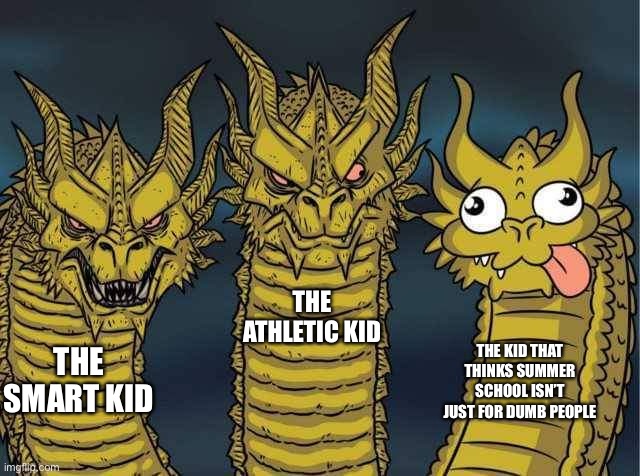 ... | THE ATHLETIC KID; THE SMART KID; THE KID THAT THINKS SUMMER SCHOOL ISN’T JUST FOR DUMB PEOPLE | image tagged in hydra | made w/ Imgflip meme maker