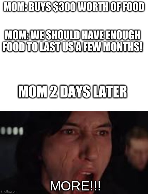 MORRREEE | MOM: BUYS $300 WORTH OF FOOD; MOM: WE SHOULD HAVE ENOUGH FOOD TO LAST US A FEW MONTHS! MOM 2 DAYS LATER; MORE!!! | image tagged in blank white template,mom,logic | made w/ Imgflip meme maker