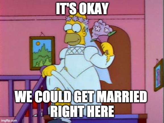 Homer Simpson Wedding Dress | IT'S OKAY; WE COULD GET MARRIED 
RIGHT HERE | image tagged in homer simpson wedding dress | made w/ Imgflip meme maker