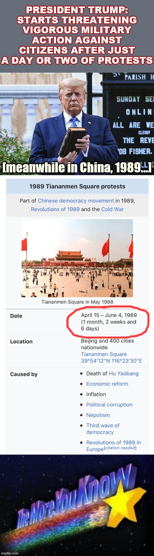 Roll safe and think about it | PRESIDENT TRUMP: STARTS THREATENING VIGOROUS MILITARY ACTION AGAINST CITIZENS AFTER JUST A DAY OR TWO OF PROTESTS; [meanwhile in China, 1989...] | image tagged in trump bible,protest,trump is a moron,trump is an asshole,china,riots | made w/ Imgflip meme maker