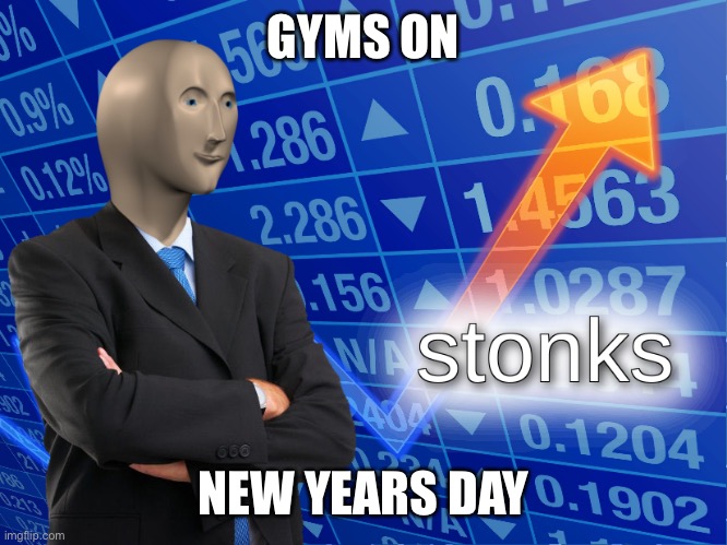 stonks | GYMS ON; NEW YEARS DAY | image tagged in stonks | made w/ Imgflip meme maker
