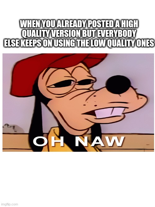 People calm down it's ok I have it here | WHEN YOU ALREADY POSTED A HIGH QUALITY VERSION BUT EVERYBODY ELSE KEEPS ON USING THE LOW QUALITY ONES | image tagged in blank space,oh naw,goofy,meme | made w/ Imgflip meme maker