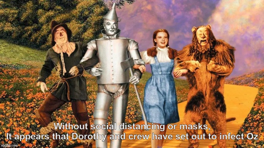 Wizard of Oz | Without social distancing or masks,
It appears that Dorothy and crew have set out to infect Oz | image tagged in dorothy | made w/ Imgflip meme maker