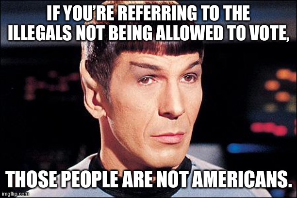 Condescending Spock | IF YOU’RE REFERRING TO THE ILLEGALS NOT BEING ALLOWED TO VOTE, THOSE PEOPLE ARE NOT AMERICANS. | image tagged in condescending spock | made w/ Imgflip meme maker