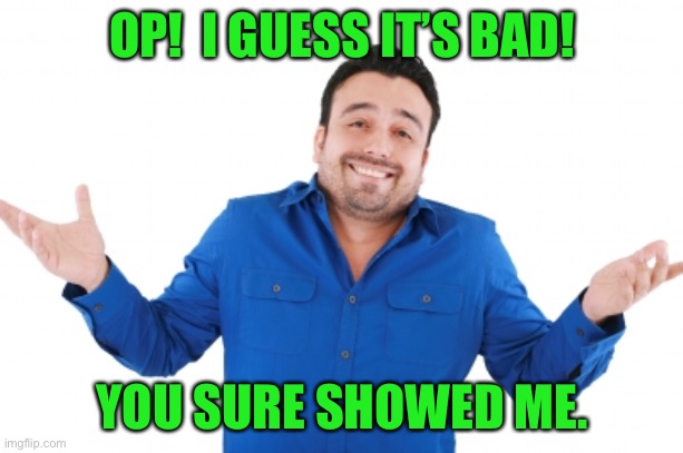 Oh well | OP!  I GUESS IT’S BAD! YOU SURE SHOWED ME. | image tagged in oh well | made w/ Imgflip meme maker