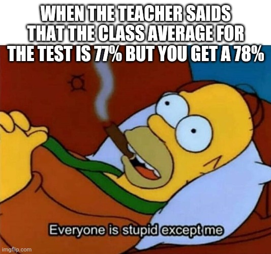 Everyone is stupid except me | WHEN THE TEACHER SAIDS THAT THE CLASS AVERAGE FOR THE TEST IS 77% BUT YOU GET A 78% | image tagged in everyone is stupid except me | made w/ Imgflip meme maker