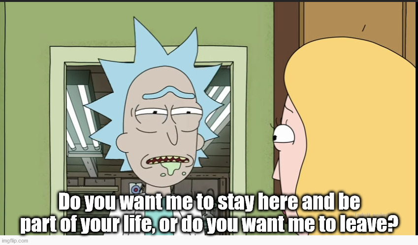 Clone Beth | Do you want me to stay here and be part of your life, or do you want me to leave? | image tagged in rick and morty | made w/ Imgflip meme maker